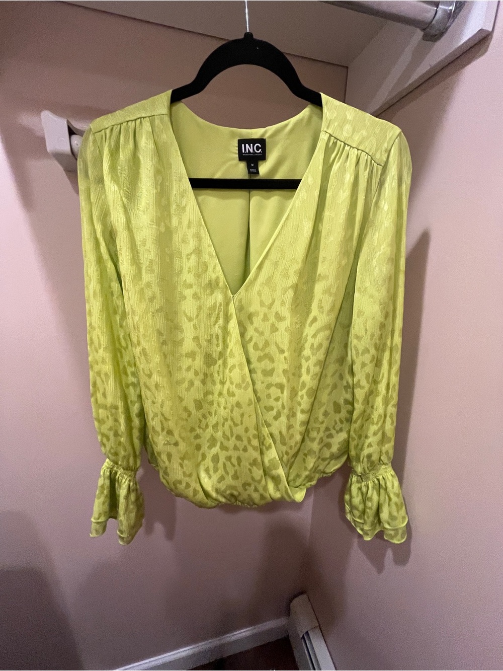 INC International Concepts Bright Lime Wrap-Front Blouse